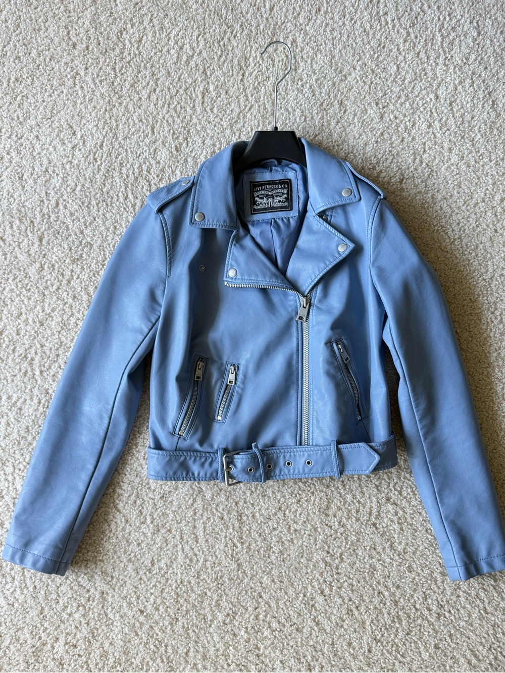 Levi Strauss Light Blue Faux Leather Moto Jacket Belted Zip Women’s